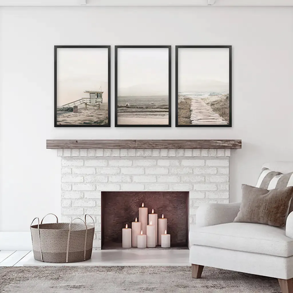 3 Piece Beige Coastal Wall Art. Waves, Beach Path, Lifeguard