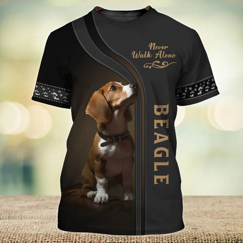 3D Dog T Shirts, Beagle Lover Black Never Walk Alone All Over Print T-Shirt, Gift For Pet Loves