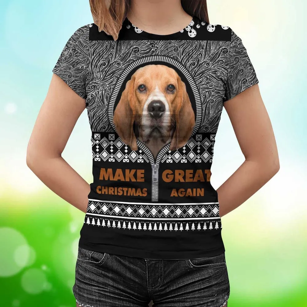 3D Dog T Shirts, Beagle Make Great Again Ugly Christmas All Over Print T-Shirt, Gift For Pet Loves