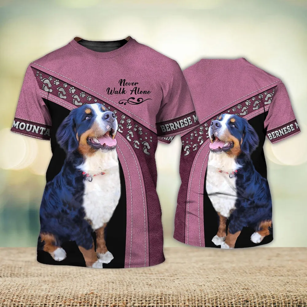 3D Dog T Shirts, Bernese Mountain Love Pink Never Walk Alone All Over Print T-Shirt, Gift For Pet Loves