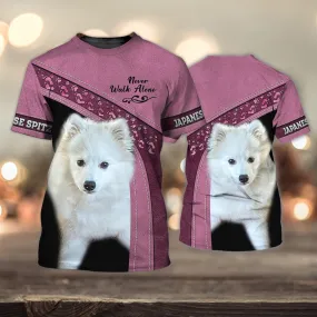 3D Dog T Shirts, Japanese Spitz Love Never Walk Alone All Over Print T-Shirt, Gift For Pet Loves