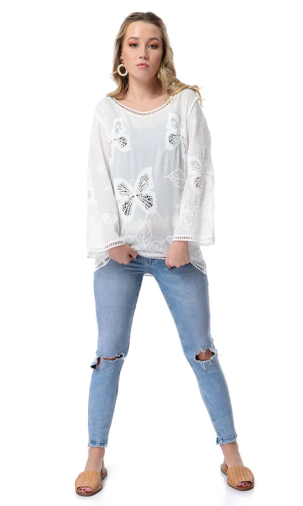 53996 Perforated Butterflies Long Sleeves Off-White Top