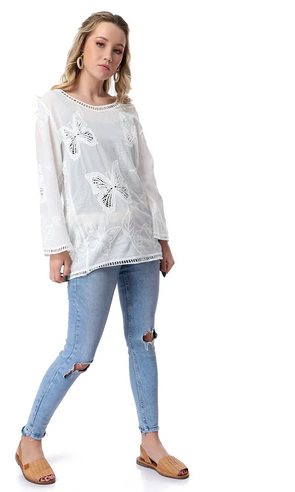 53996 Perforated Butterflies Long Sleeves Off-White Top