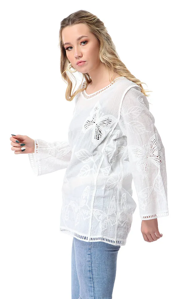 53996 Perforated Butterflies Long Sleeves Off-White Top