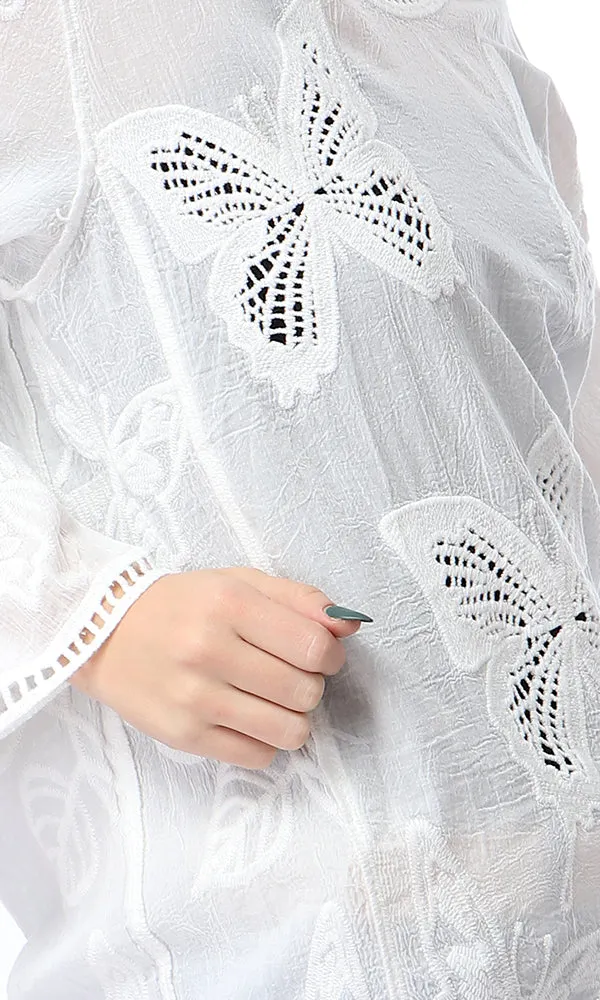 53996 Perforated Butterflies Long Sleeves Off-White Top