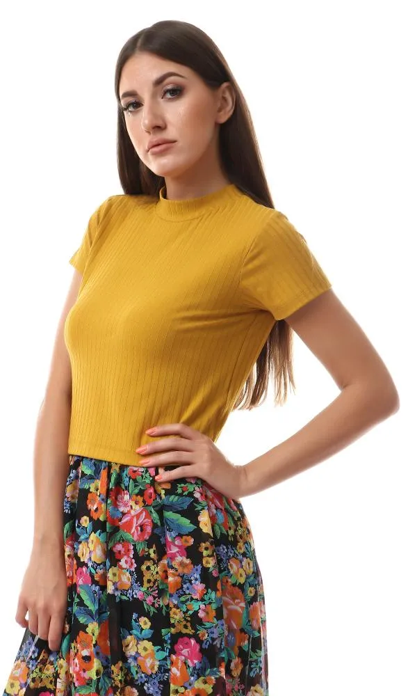 56994 Funnel Neck Cropped Mustard Top