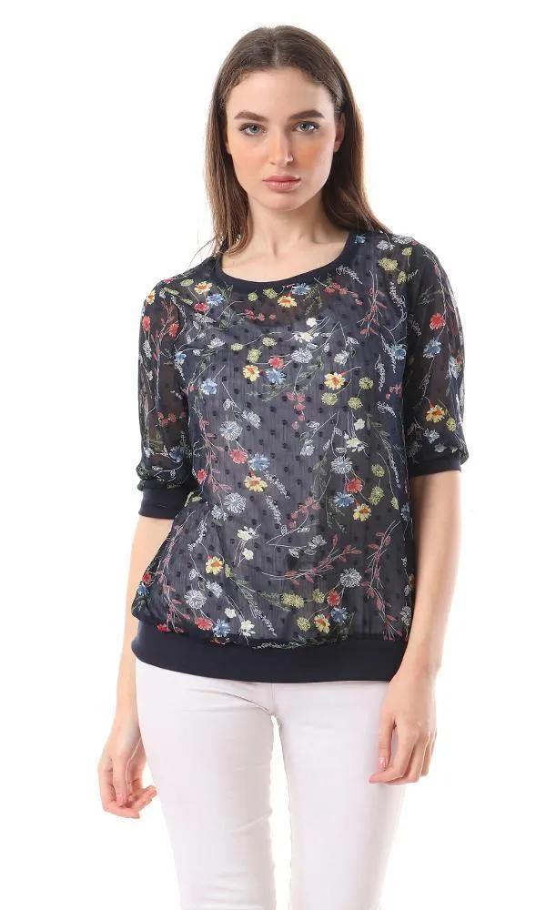 57060 Floral See Through Navy Blue Blouse