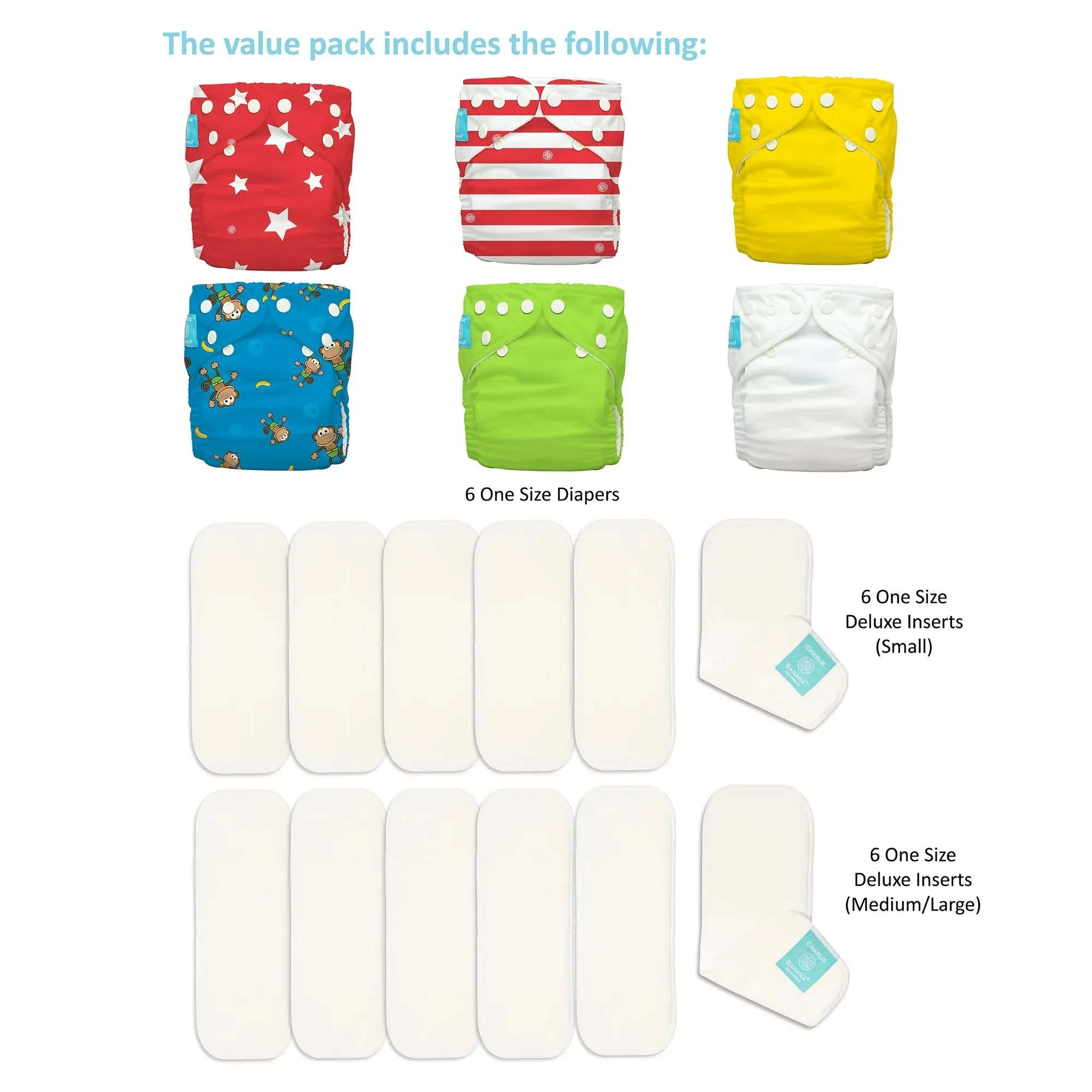 6 Diapers 12 Inserts Circus One Size Hybrid AIO