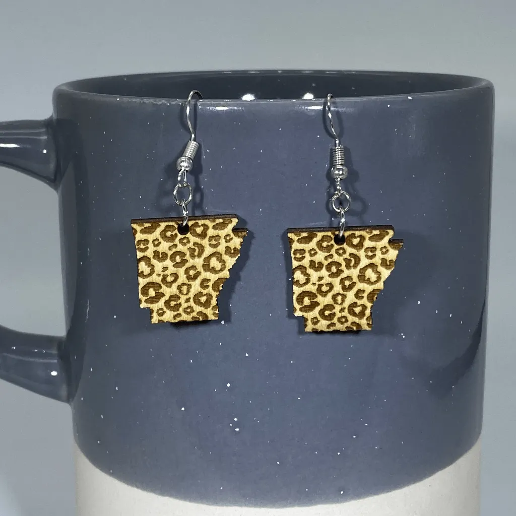 Arkansas State Leopard Print Wooden Dangle Earrings by Cate's Concepts, LLC