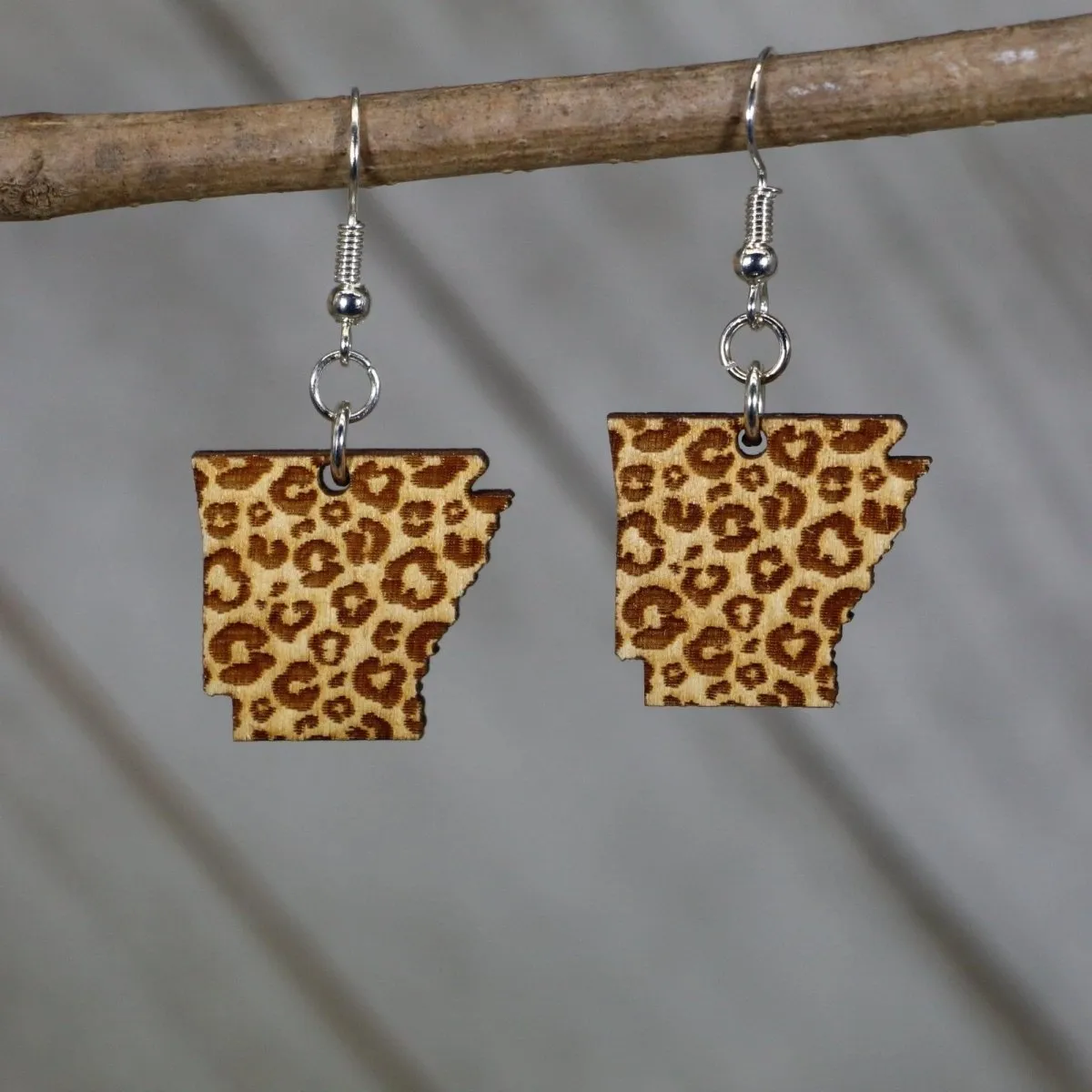 Arkansas State Leopard Print Wooden Dangle Earrings by Cate's Concepts, LLC