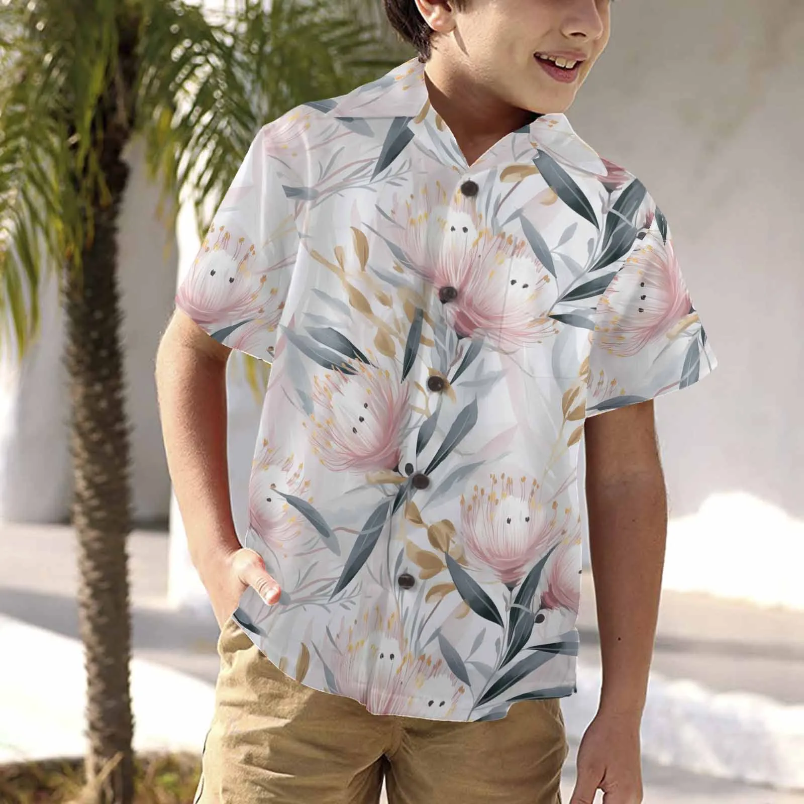 Australian Floral Pink & Grey  Little Boys Hawaiian Shirt