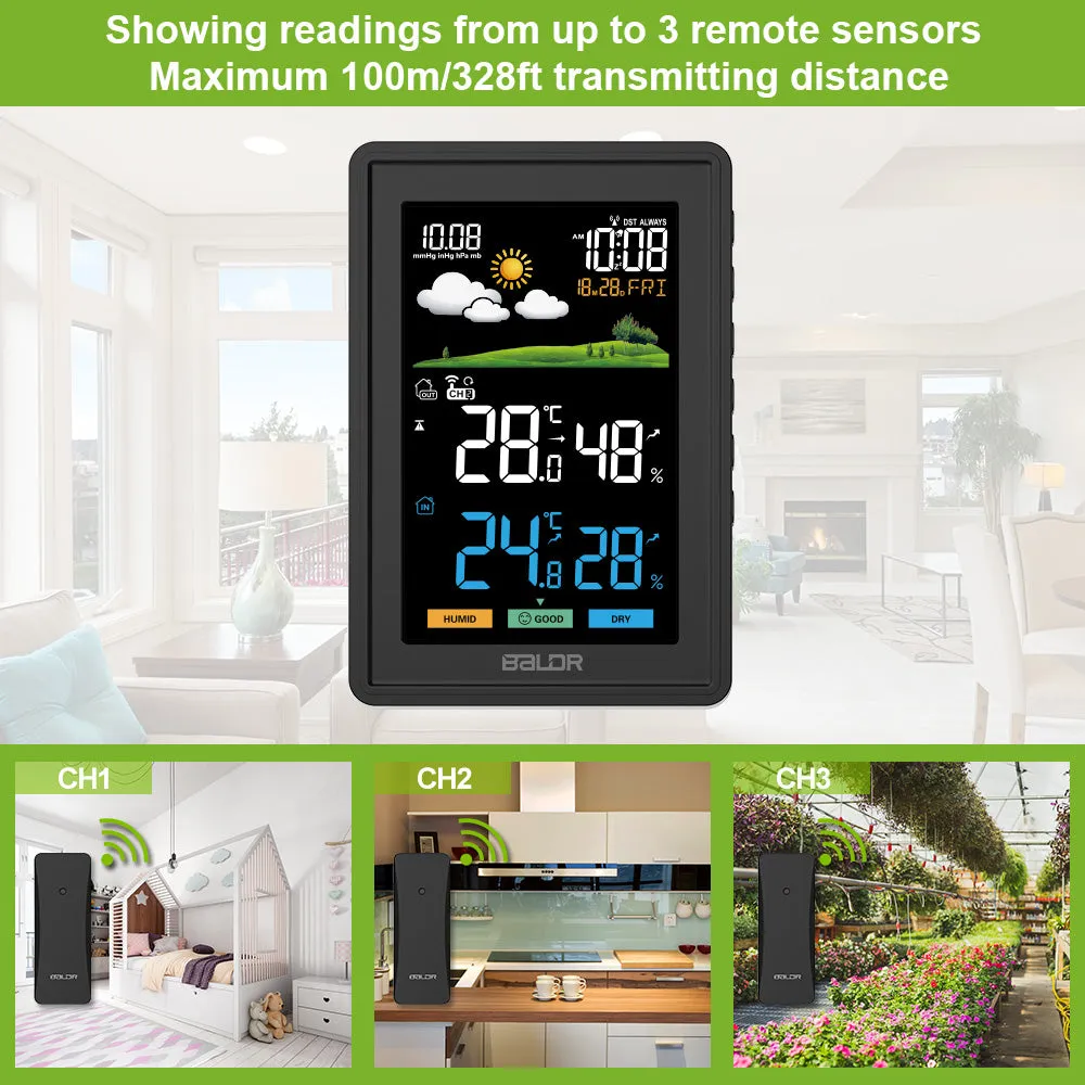 BALDR Weather Station Wireless Indoor Outdoor Thermometer - Color LCD Display Weather Forecast - Atomic Wall Clock