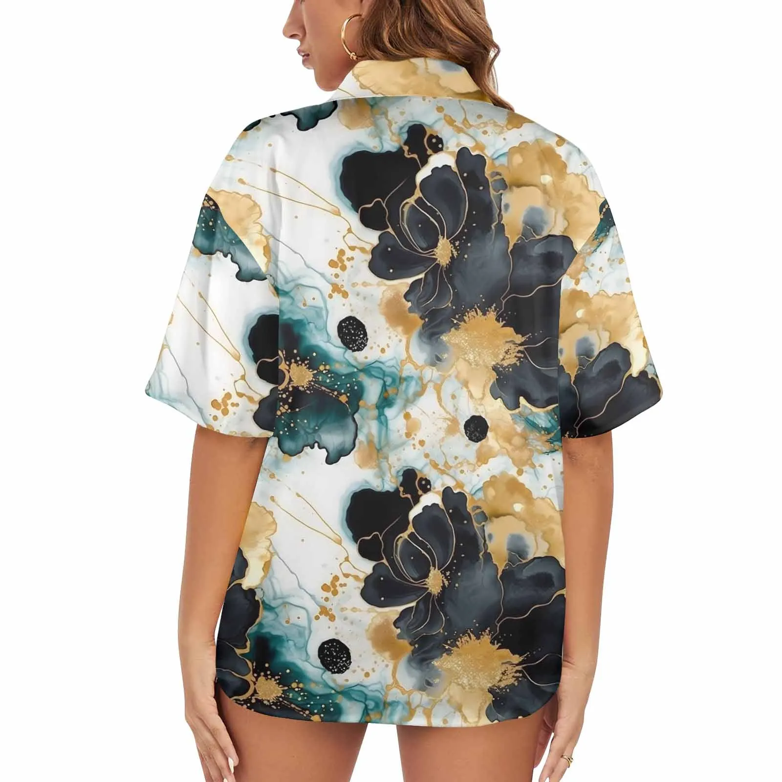 Black Gold & Green Ink Floral  Women's Hawaiian Shirt