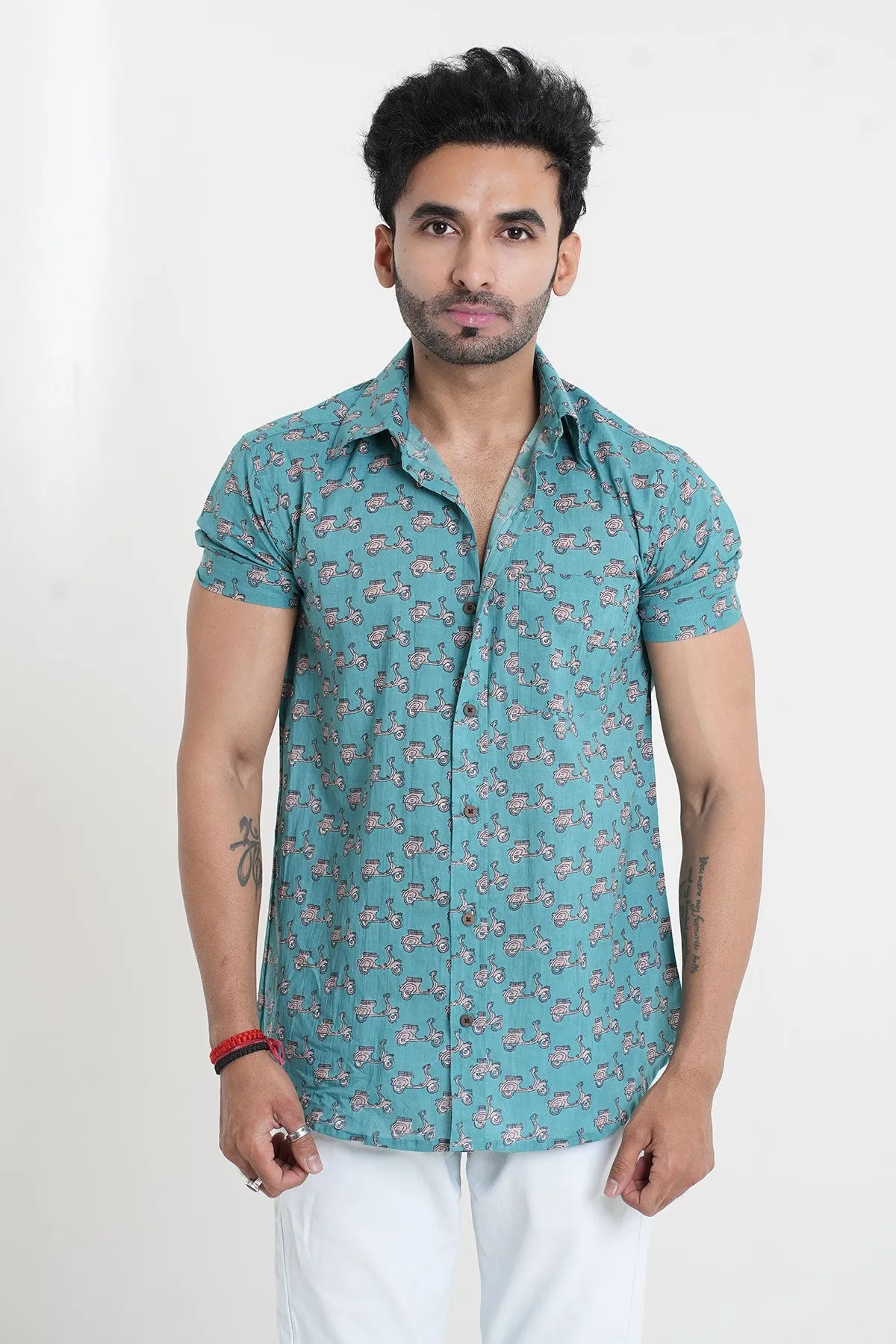 Blue Scooter Print Cotton Shirt, Half Sleeves | Style Matters