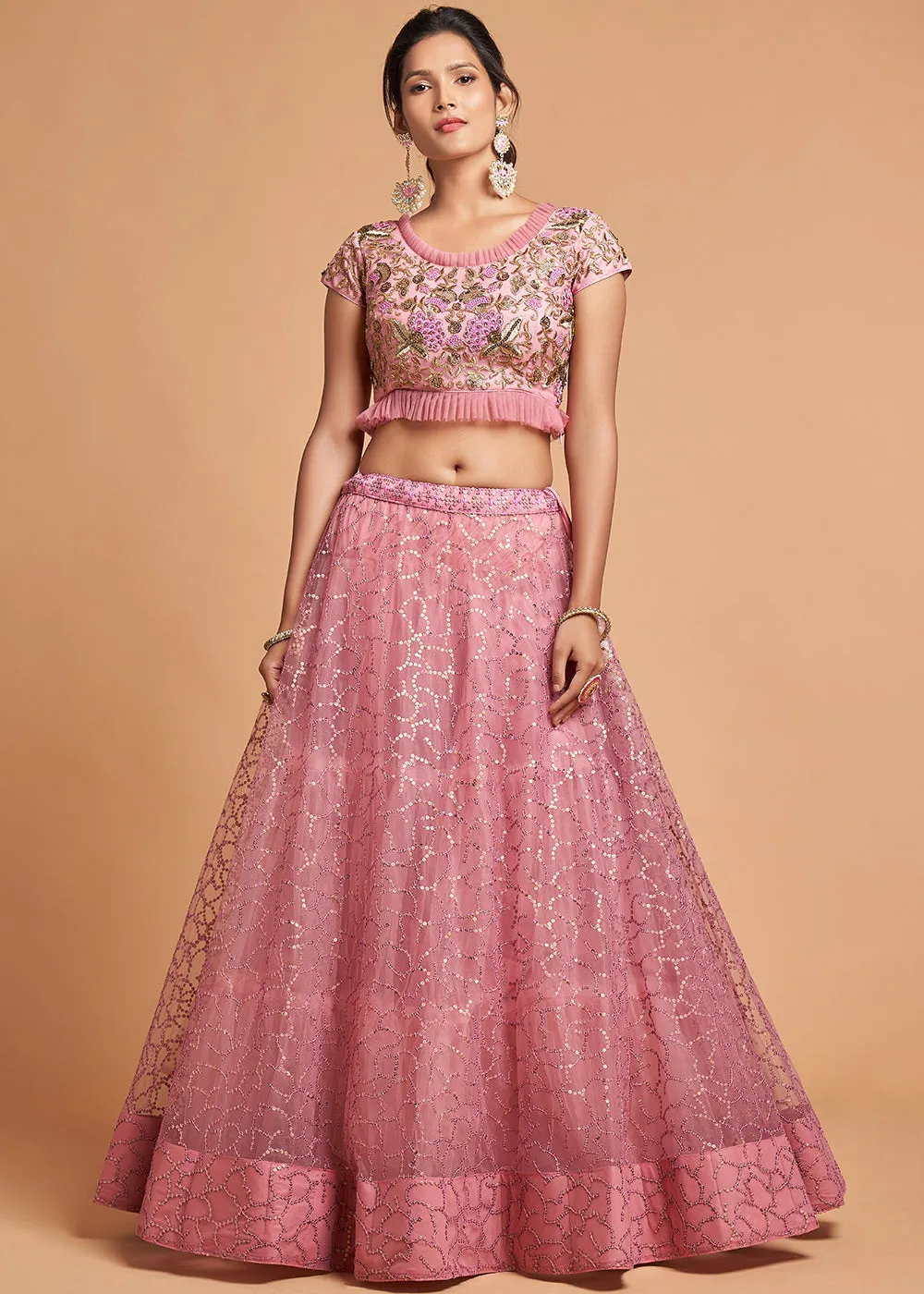 Blush Pink Stylish Embroidered A Line Lehenga Choli