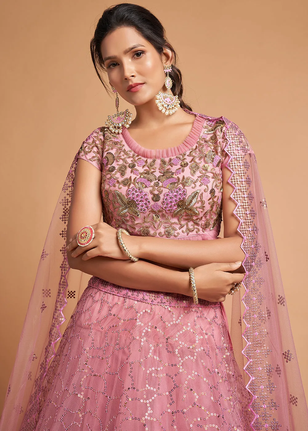 Blush Pink Stylish Embroidered A Line Lehenga Choli