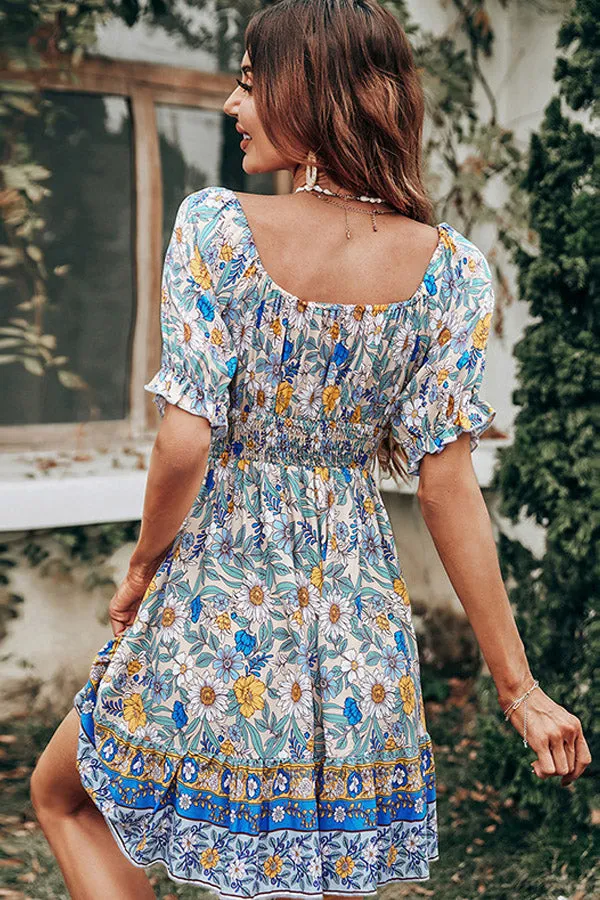 Bohemian Floral Print Trendy Smocked Mini Dress