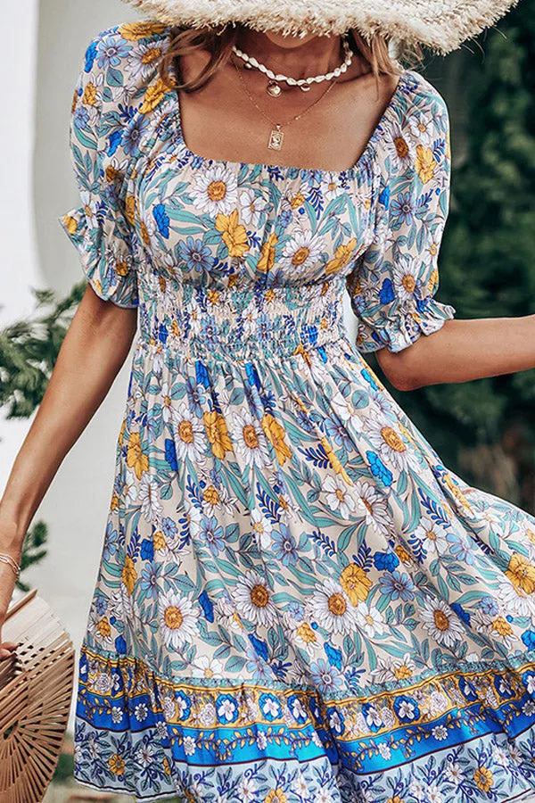 Bohemian Floral Print Trendy Smocked Mini Dress