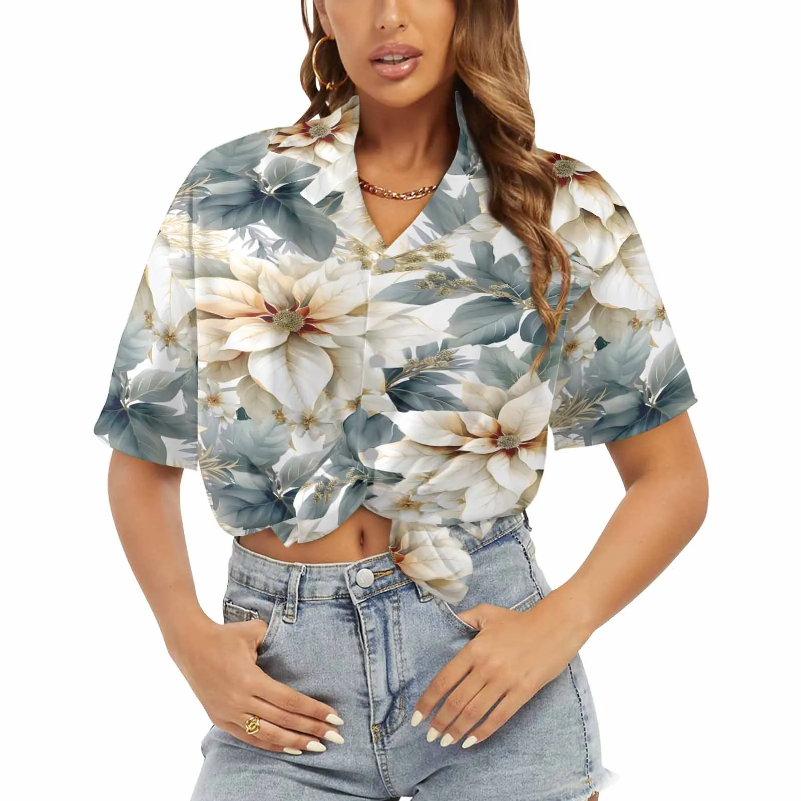 Cream Poinsettia  Women's Hawaiian Shirt