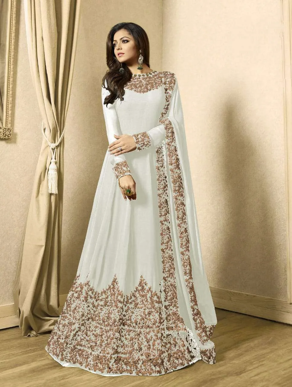 Drashti Dhami White Embroidered Georgette Semi Stitched Anarkali 1701