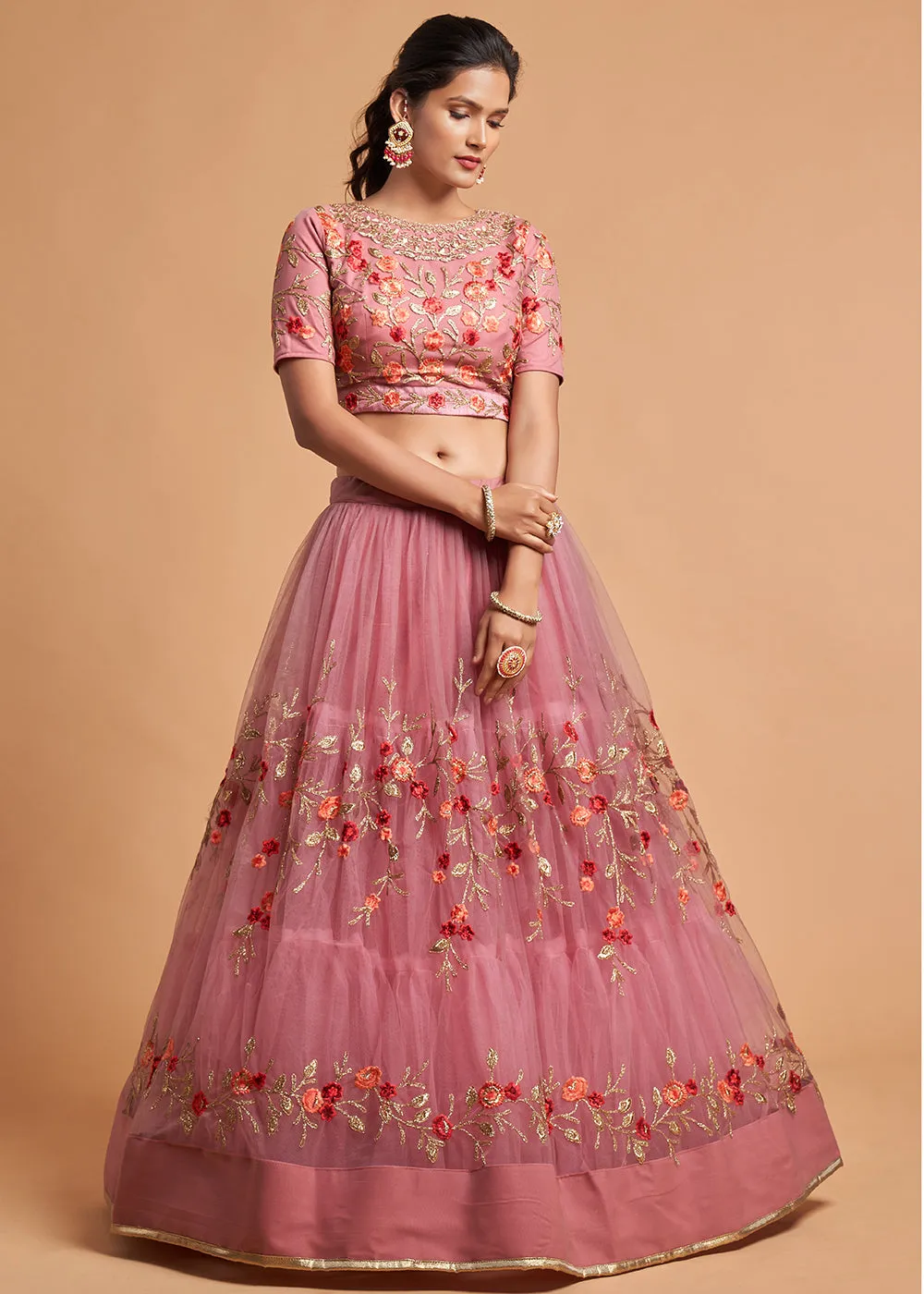 Dusty Pink Stylish Embroidered A Line Lehenga Choli