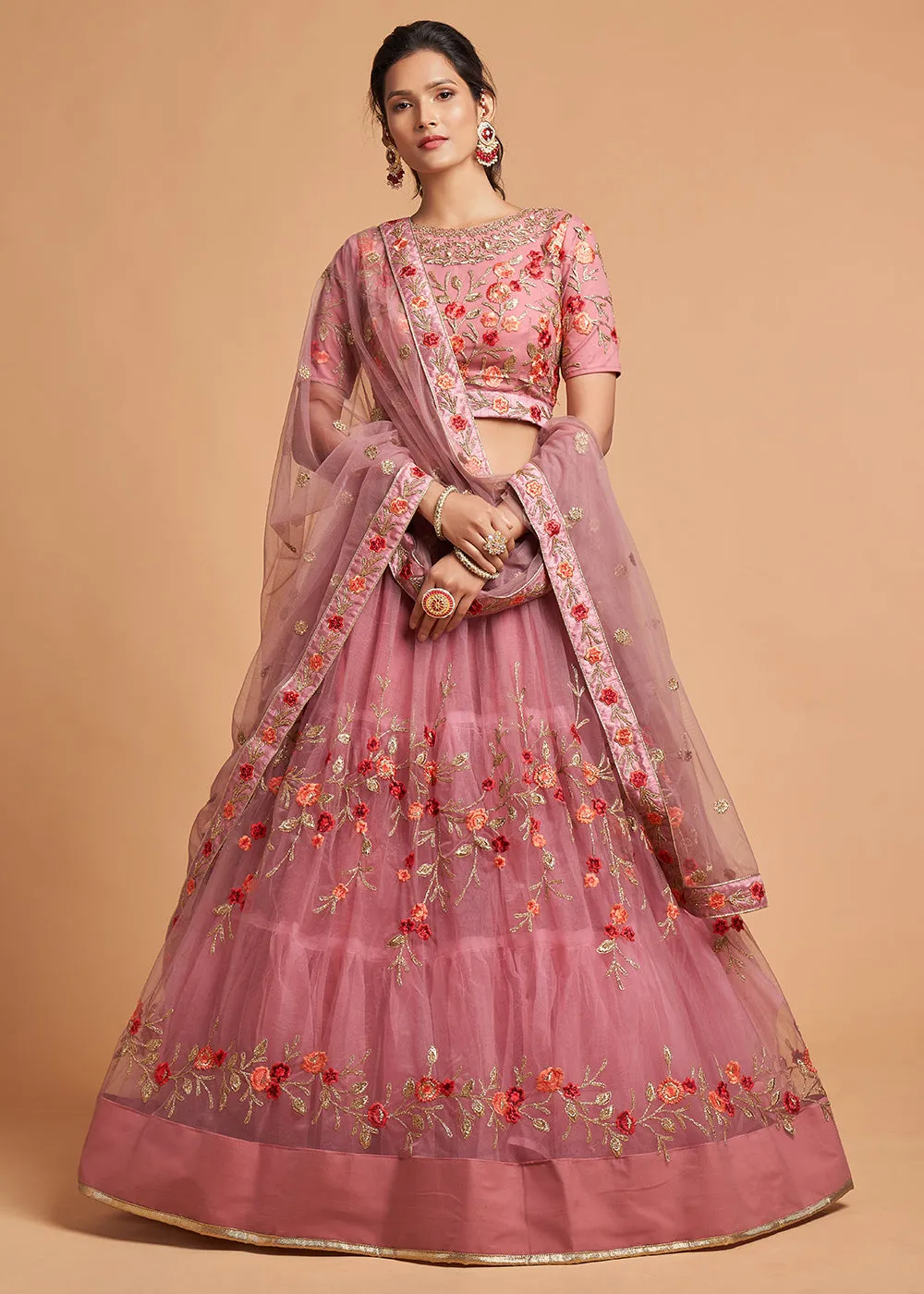 Dusty Pink Stylish Embroidered A Line Lehenga Choli