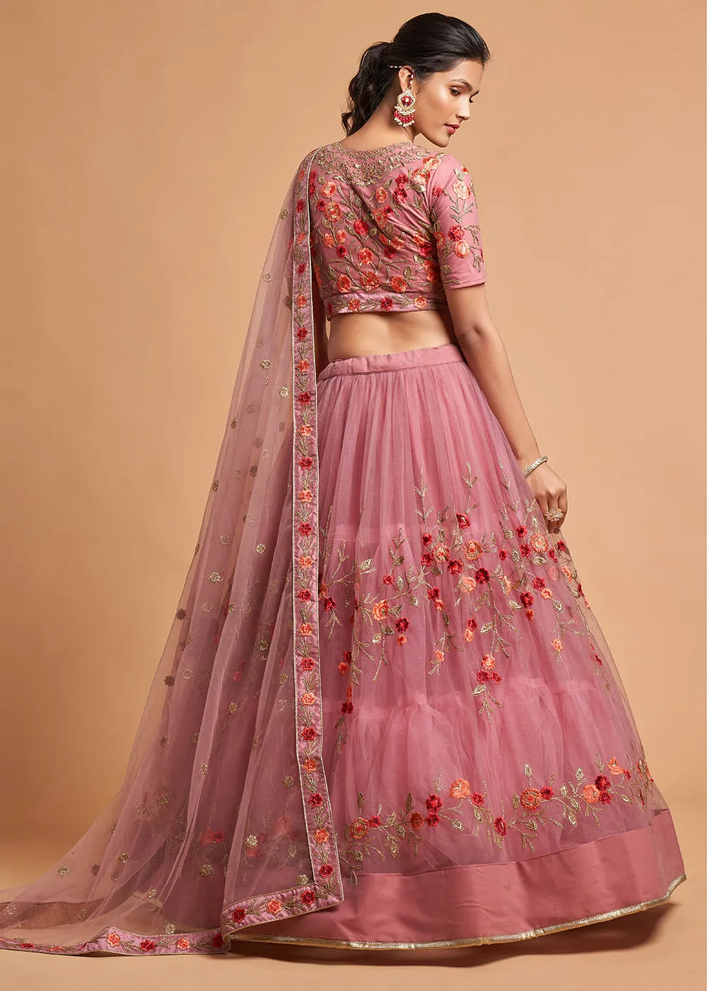 Dusty Pink Stylish Embroidered A Line Lehenga Choli