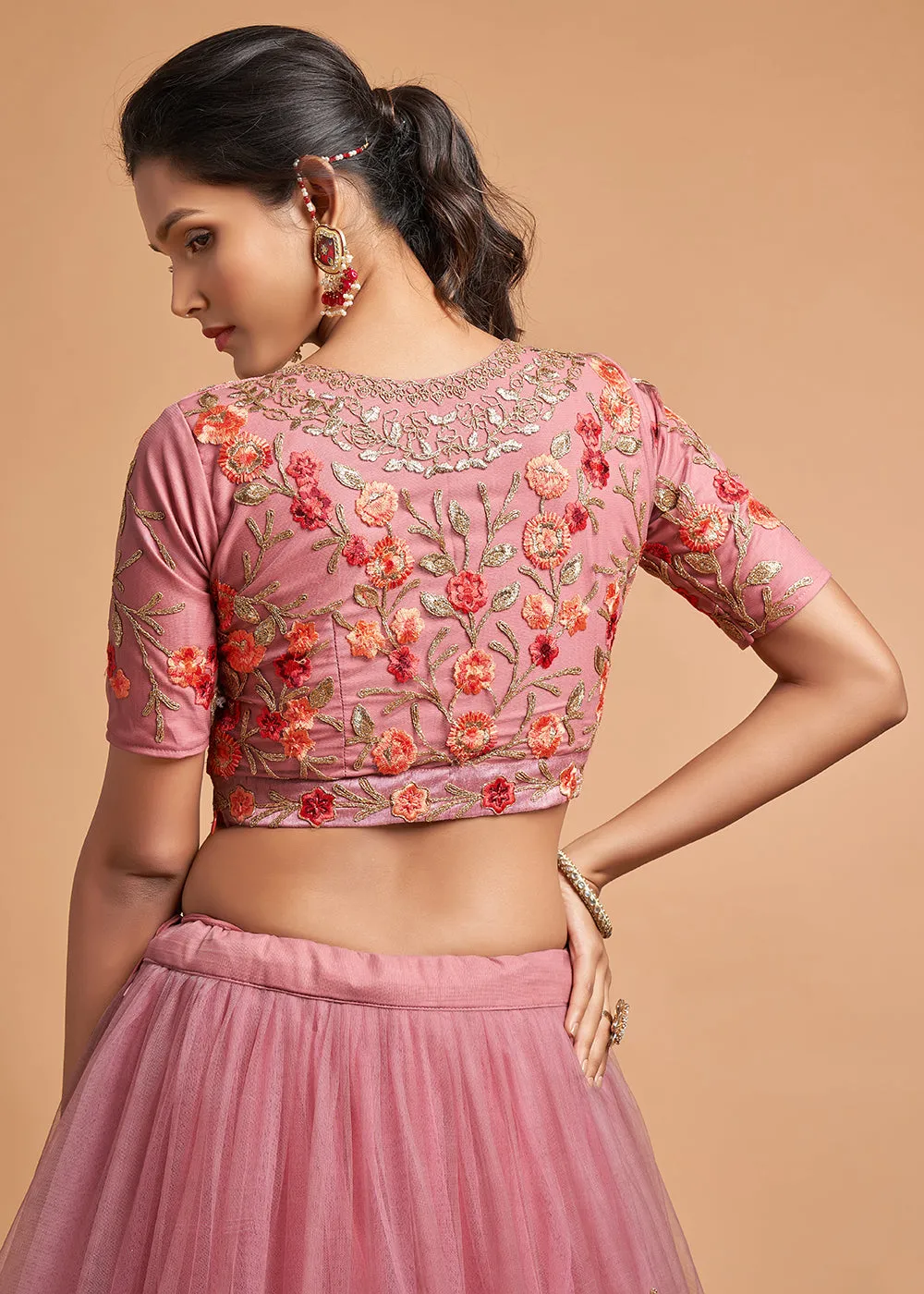 Dusty Pink Stylish Embroidered A Line Lehenga Choli