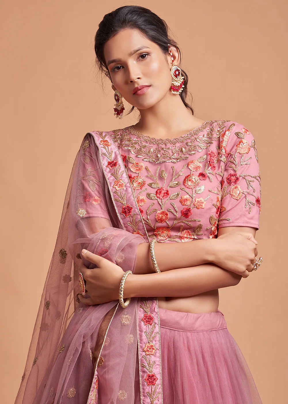 Dusty Pink Stylish Embroidered A Line Lehenga Choli