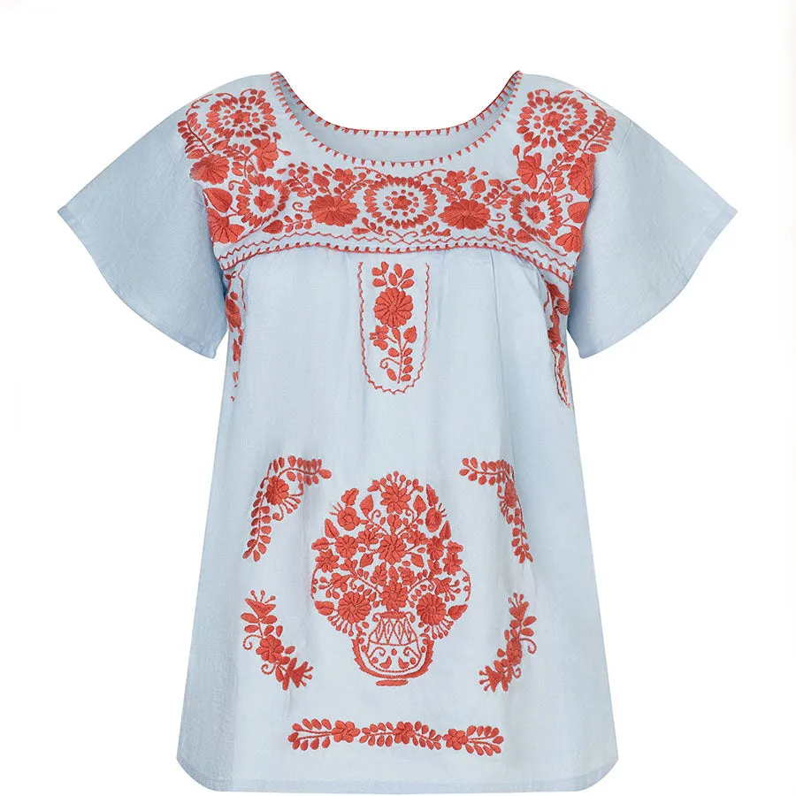 EMBROIDERED COTTON TOP "REEF" IN BABY BLUE