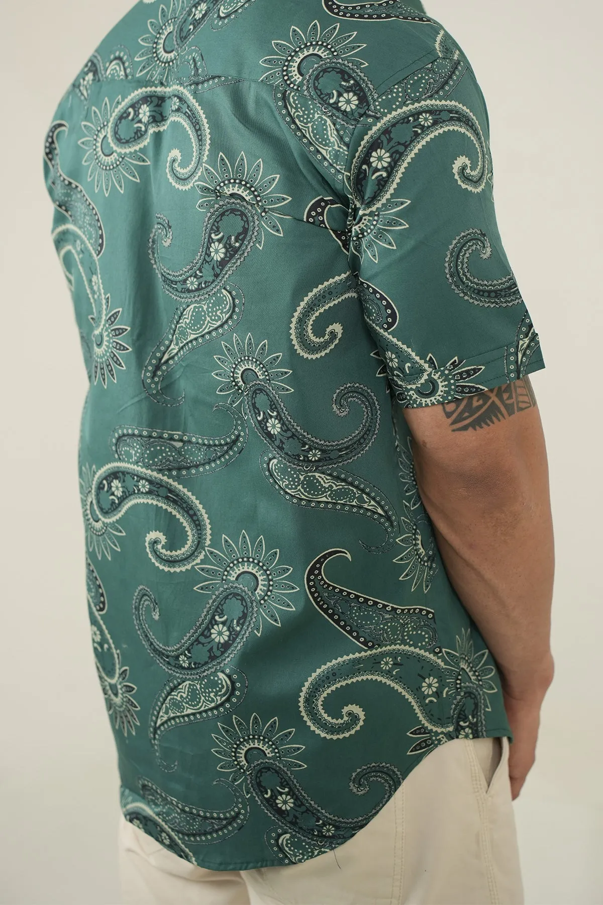 English Green Shirt with Paisley Print, Half Sleeves | Style Matters