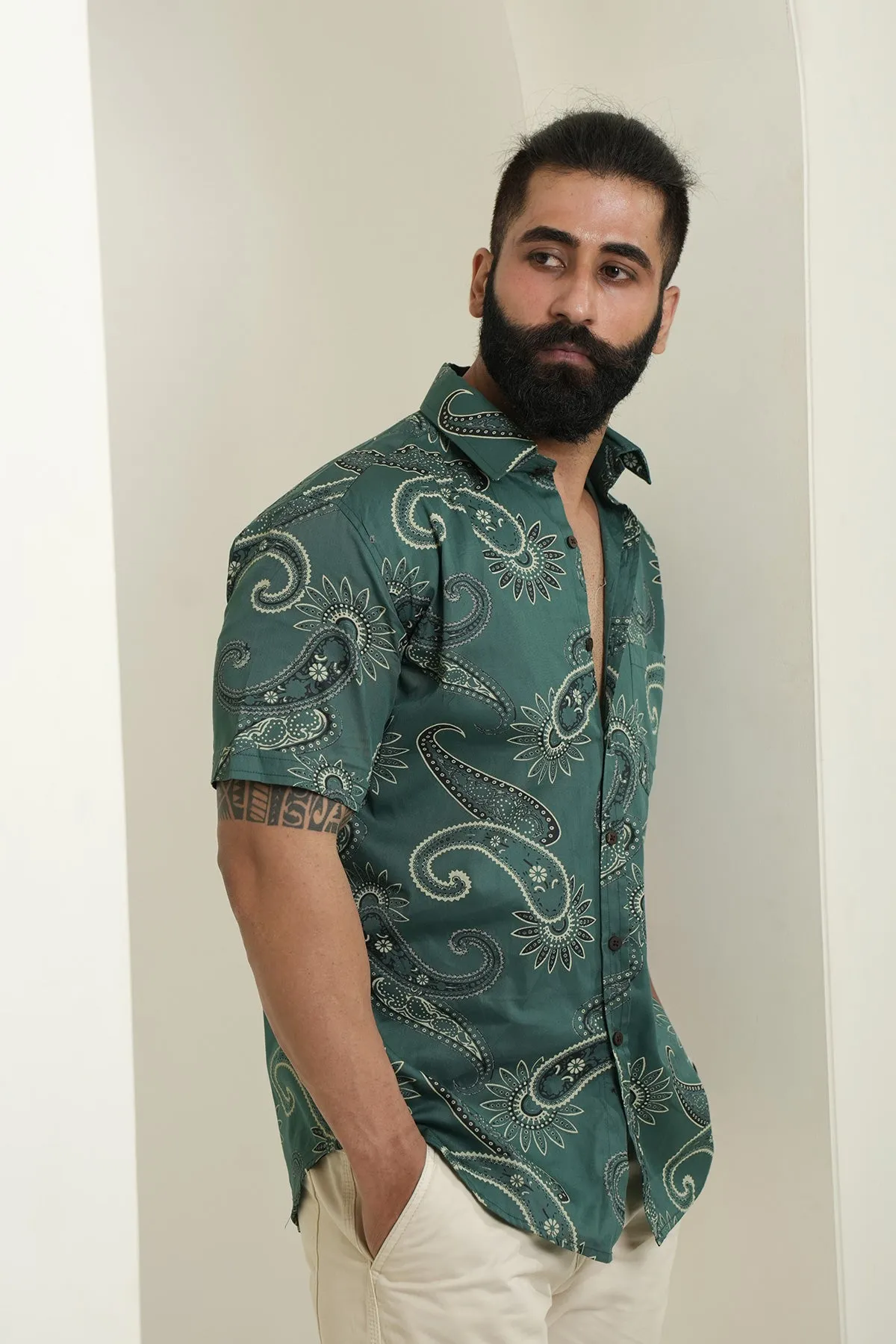 English Green Shirt with Paisley Print, Half Sleeves | Style Matters