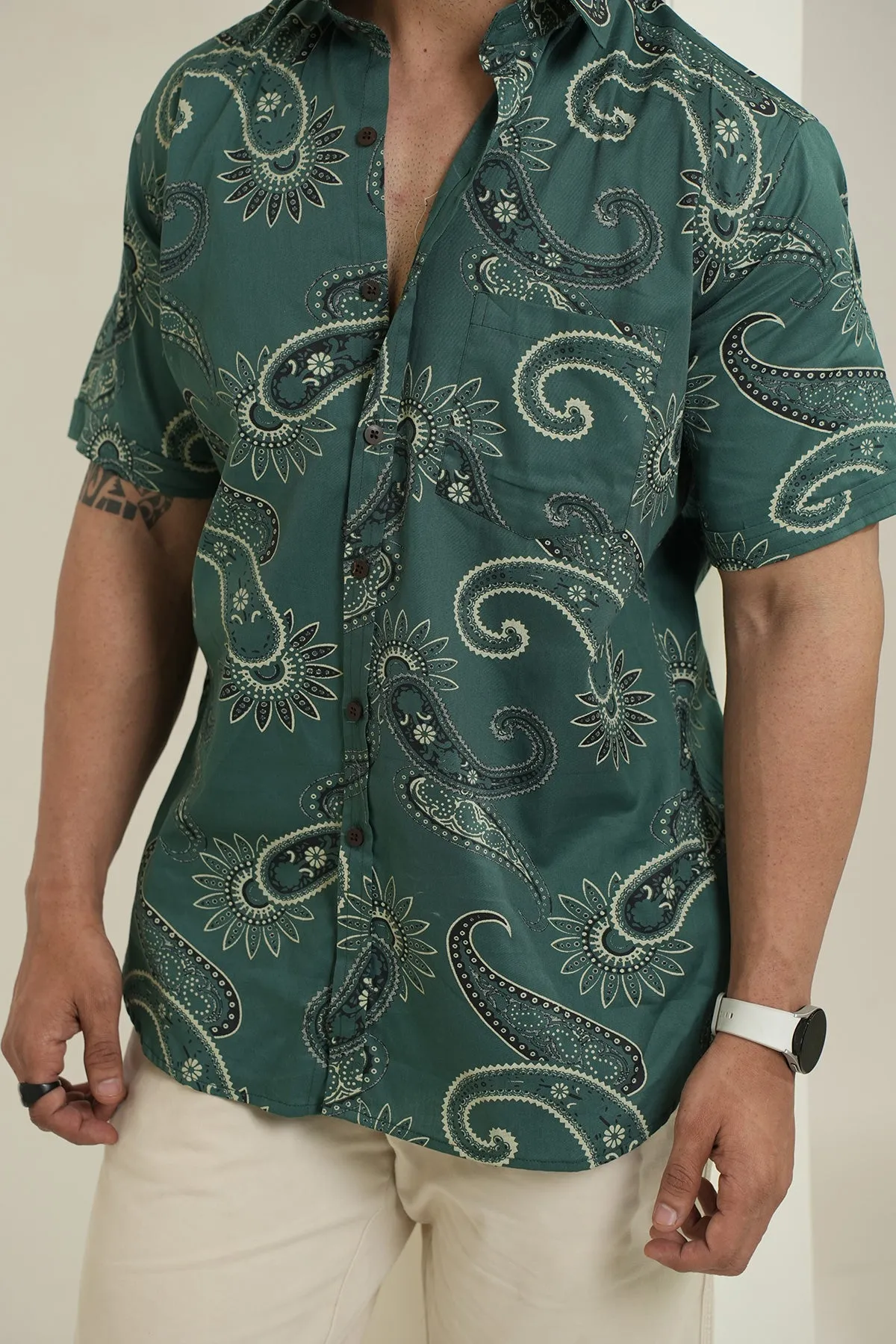 English Green Shirt with Paisley Print, Half Sleeves | Style Matters