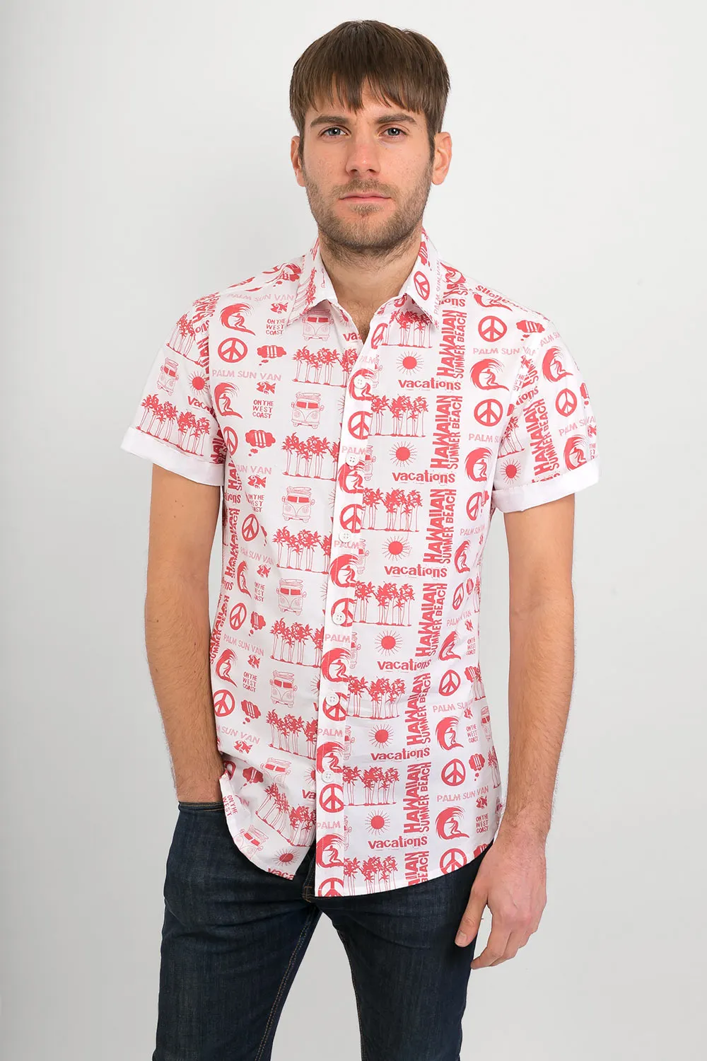 Hawaiian Campervan White Print Cotton Slim-Fit Mens Shirt Short Sleeve