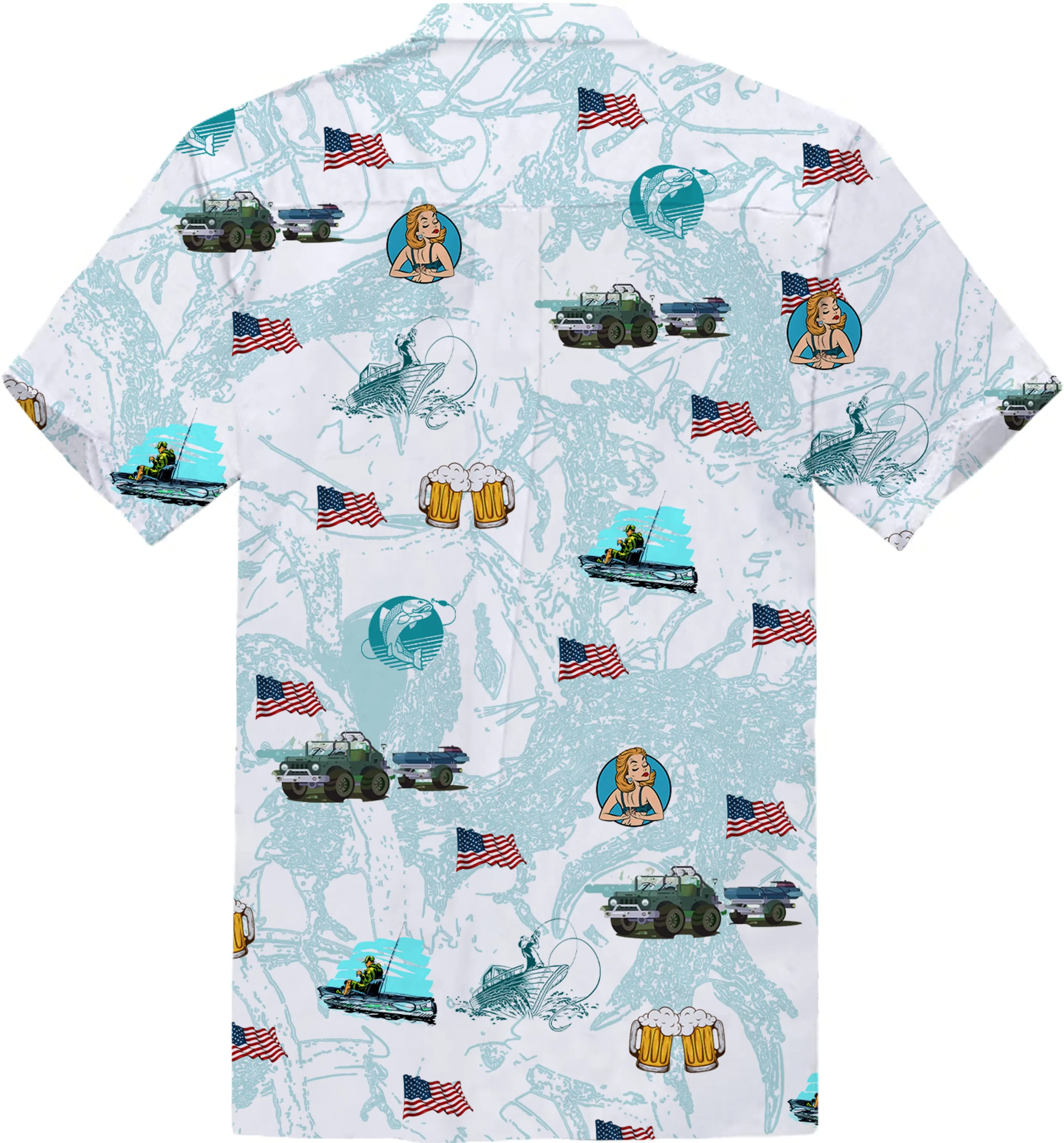 Hawaiian Shirt for Jeepers - Island Vibes with Fishing Boat and Jeep Print