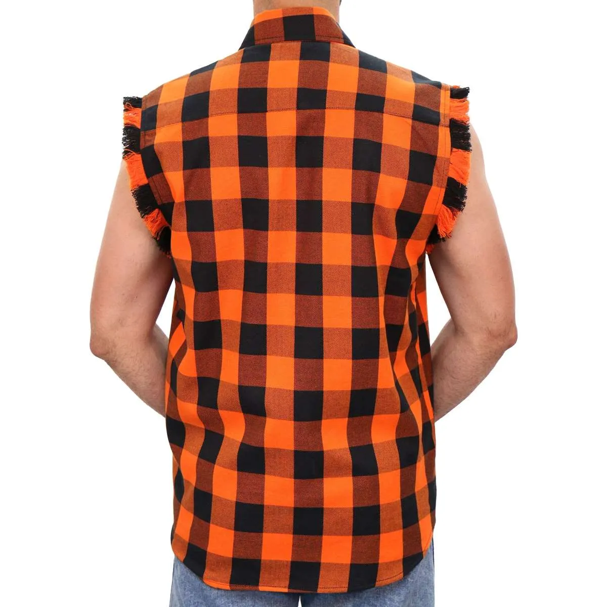 Hot Leathers FLM5210 Men's Sleeveless Fringe Orange and Black Flannel Shirt