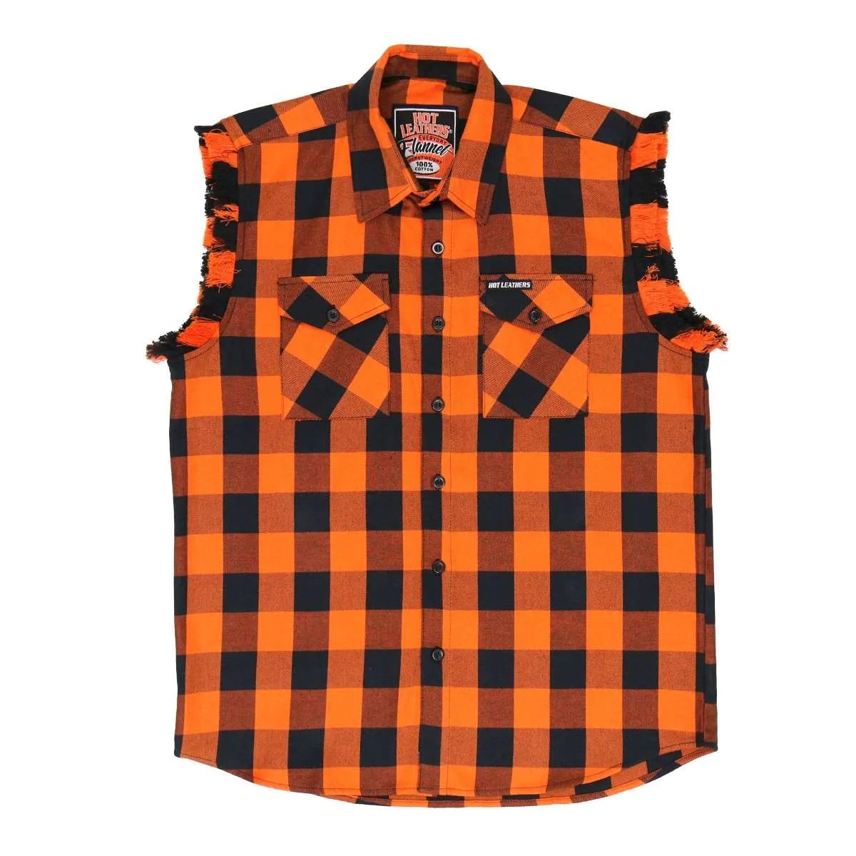 Hot Leathers FLM5210 Men's Sleeveless Fringe Orange and Black Flannel Shirt