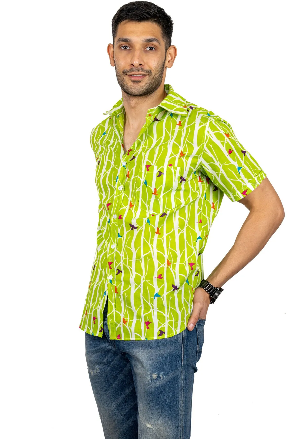 Light green Bird print cotton shirt half sleeves | Style Matters