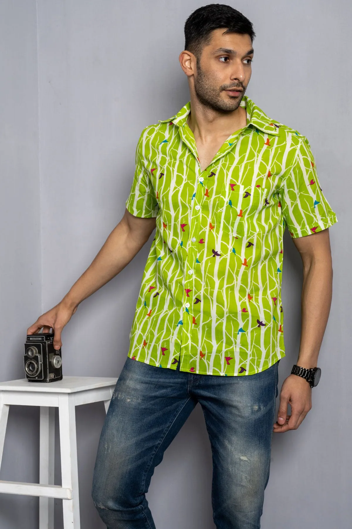 Light green Bird print cotton shirt half sleeves | Style Matters