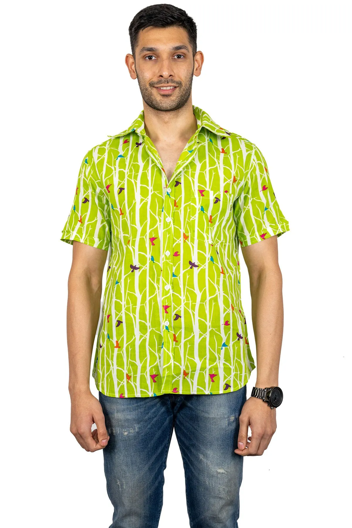 Light green Bird print cotton shirt half sleeves | Style Matters