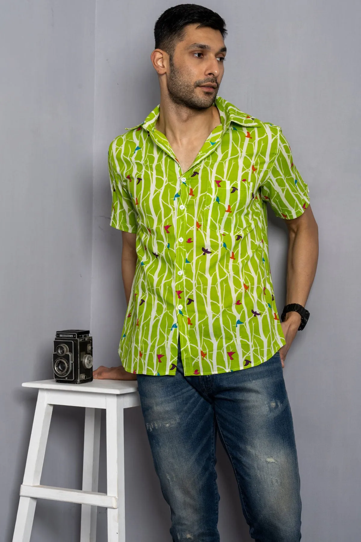 Light green Bird print cotton shirt half sleeves | Style Matters