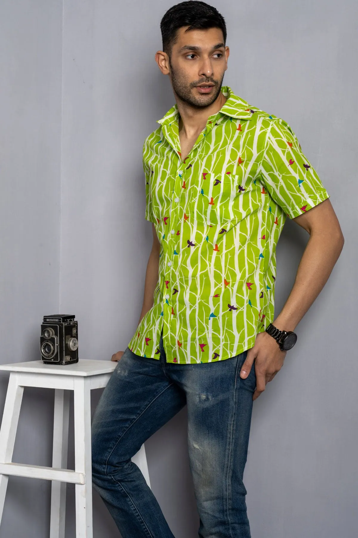 Light green Bird print cotton shirt half sleeves | Style Matters