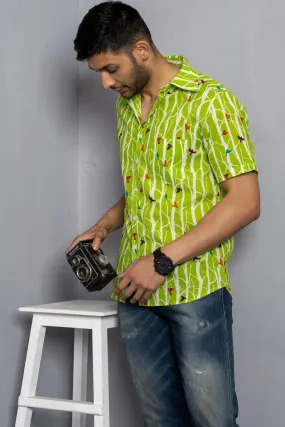 Light green Bird print cotton shirt half sleeves | Style Matters