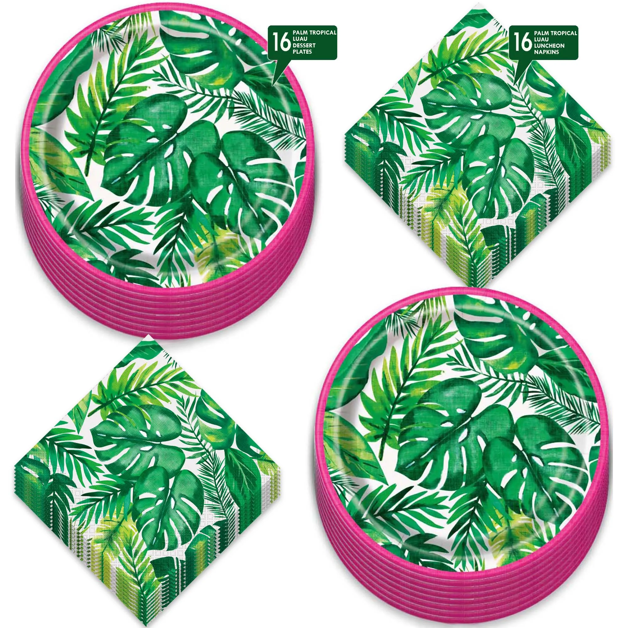 Luau Party Supplies - Tropical Palm Leaf & Pink Trim Paper Dessert Plates and Napkins (Serves 16)