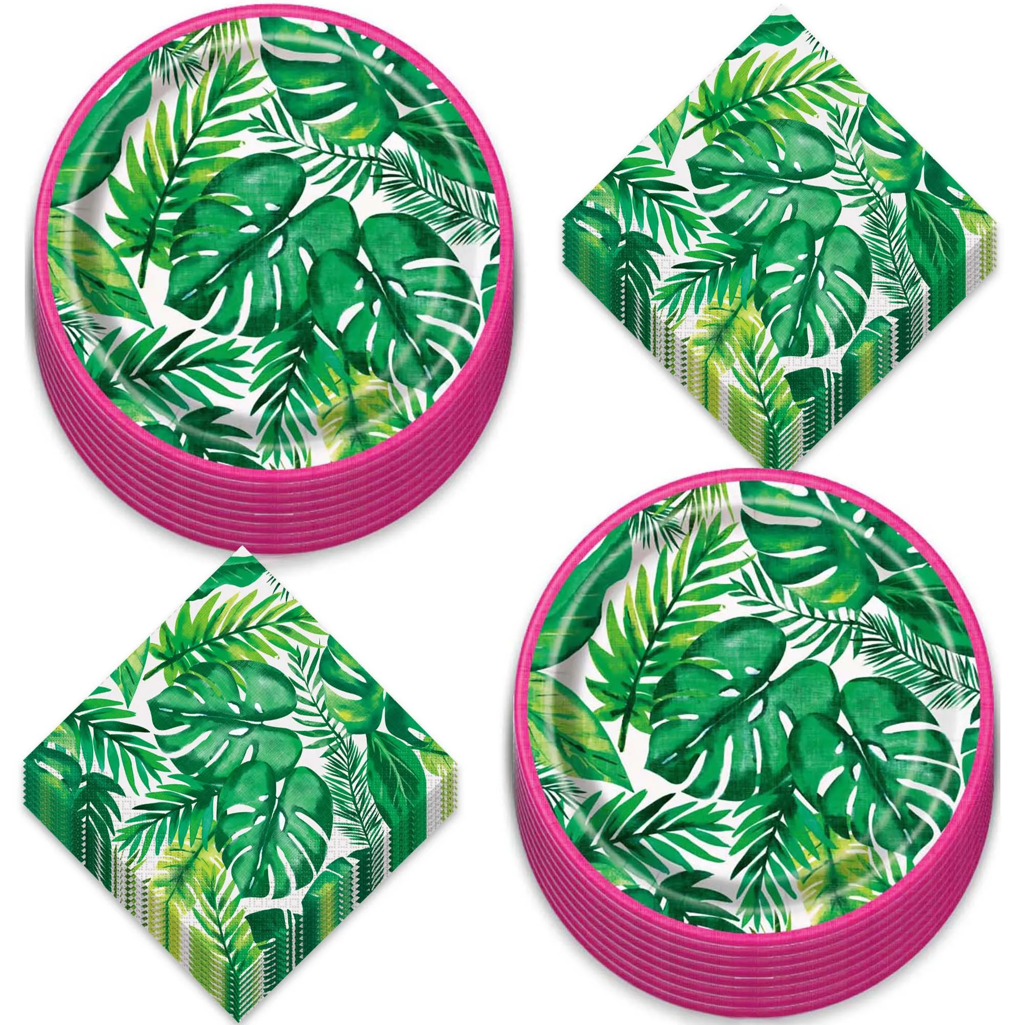 Luau Party Supplies - Tropical Palm Leaf & Pink Trim Paper Dessert Plates and Napkins (Serves 16)