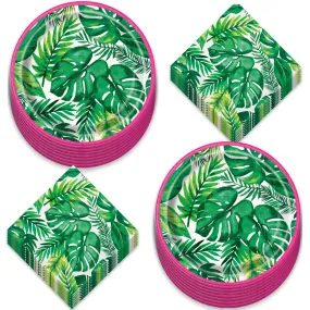 Luau Party Supplies - Tropical Palm Leaf & Pink Trim Paper Dessert Plates and Napkins (Serves 16)