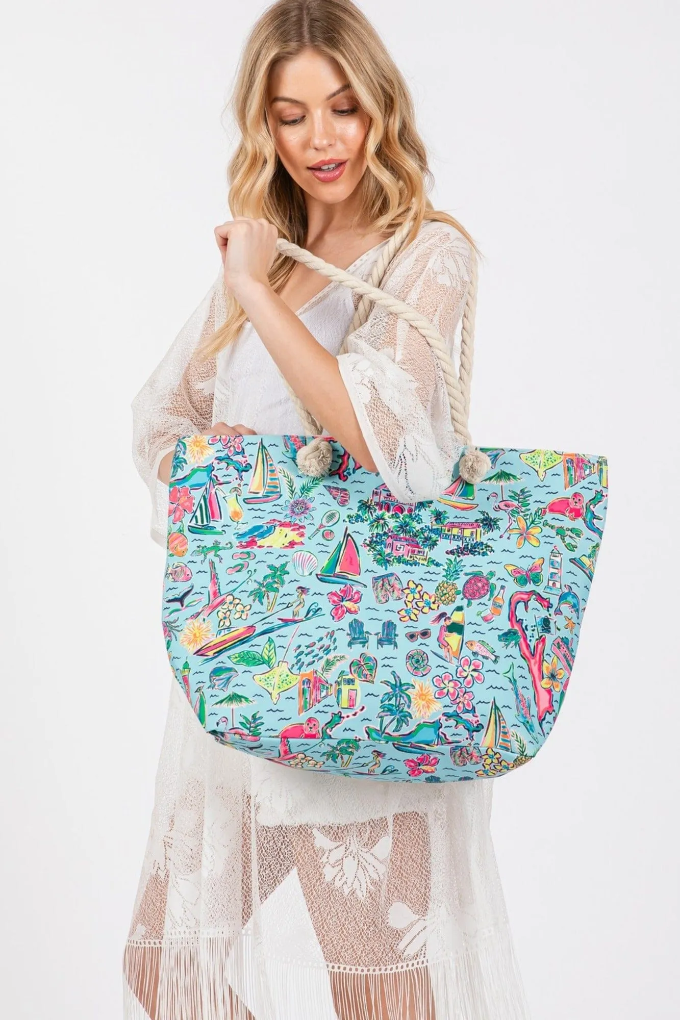 MB0258 Hand Drawn Beach Life Print Tote