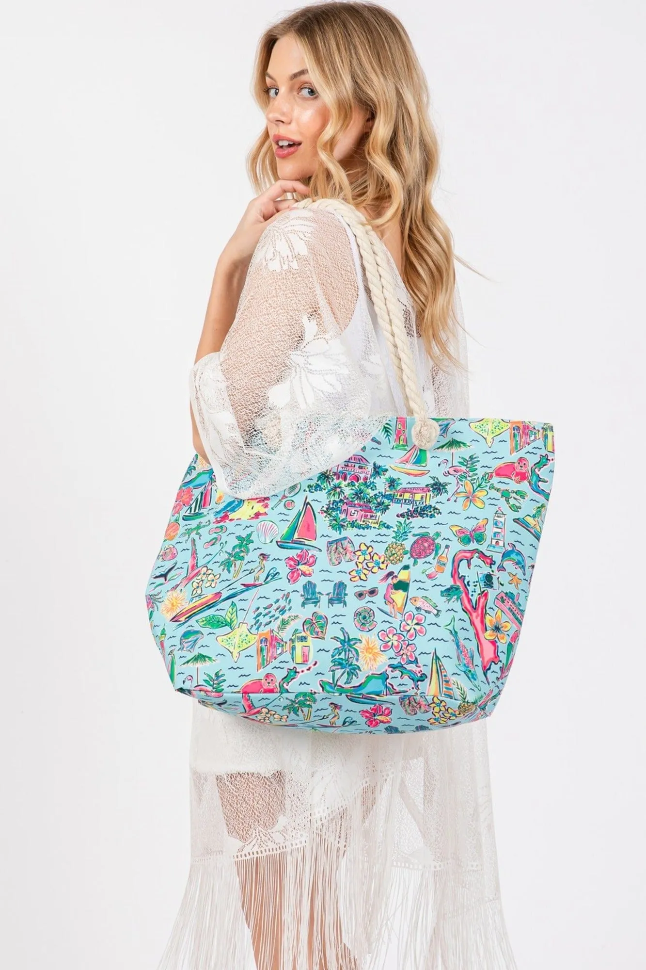 MB0258 Hand Drawn Beach Life Print Tote