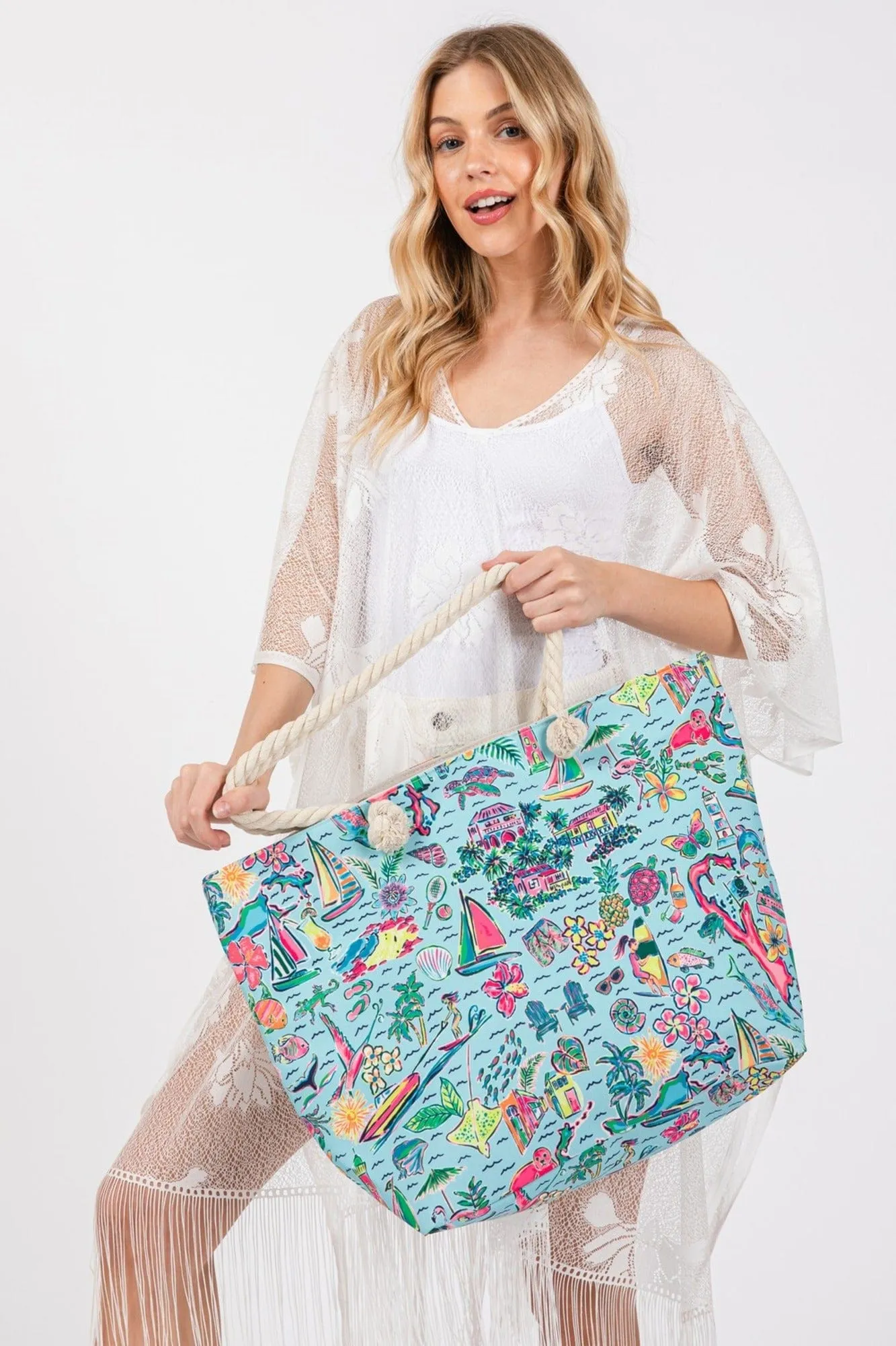 MB0258 Hand Drawn Beach Life Print Tote