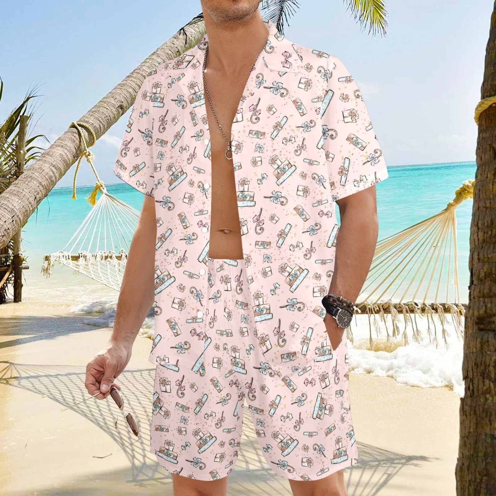 Men's Shirt & Shorts Set Pink Xmas Men's Shirt and Shorts Outfit (Set26)